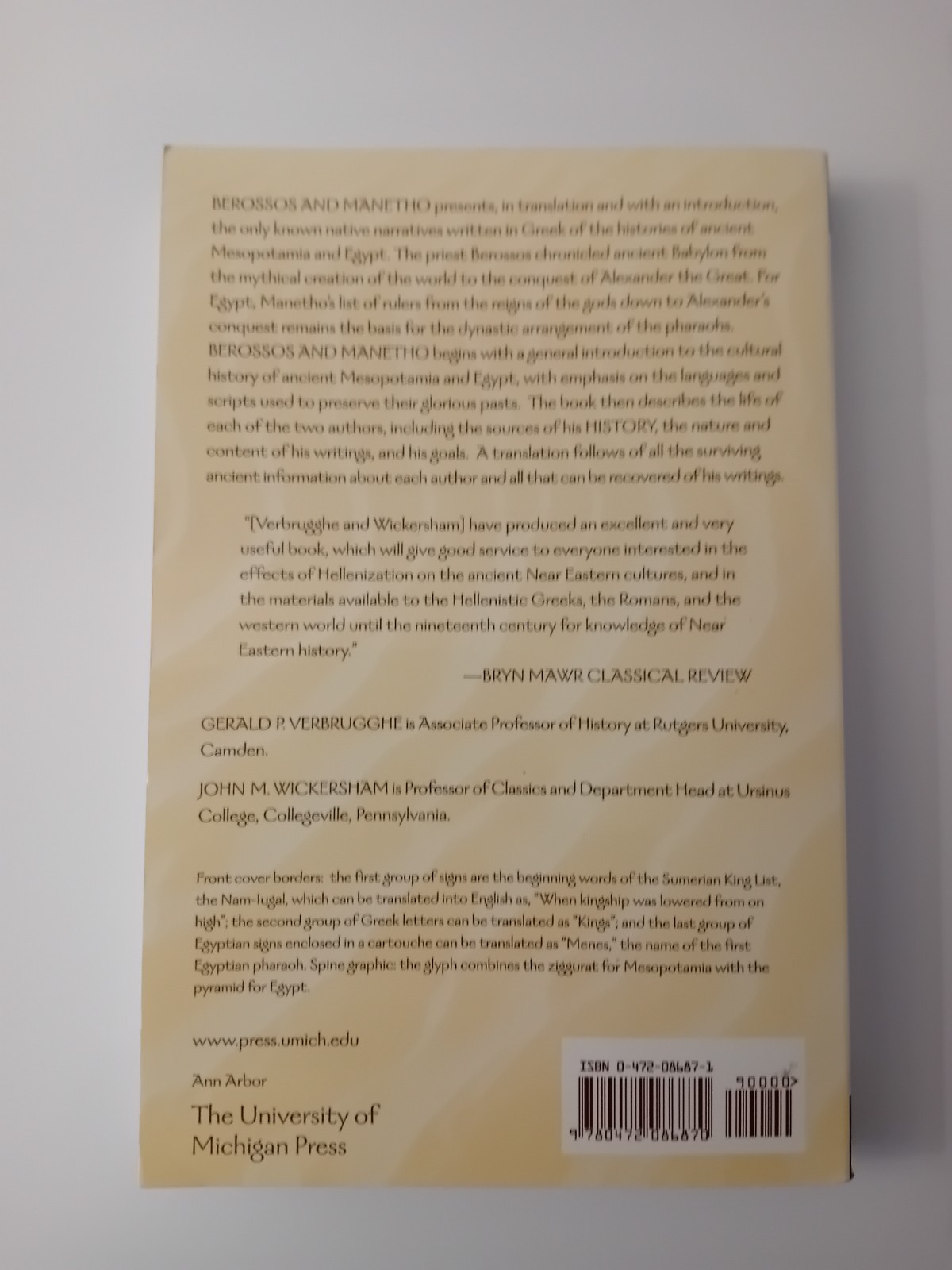 Berossos and Manetho Gerald P. VerBrugghe ISBN 0472086871 UK seller Quick Disp