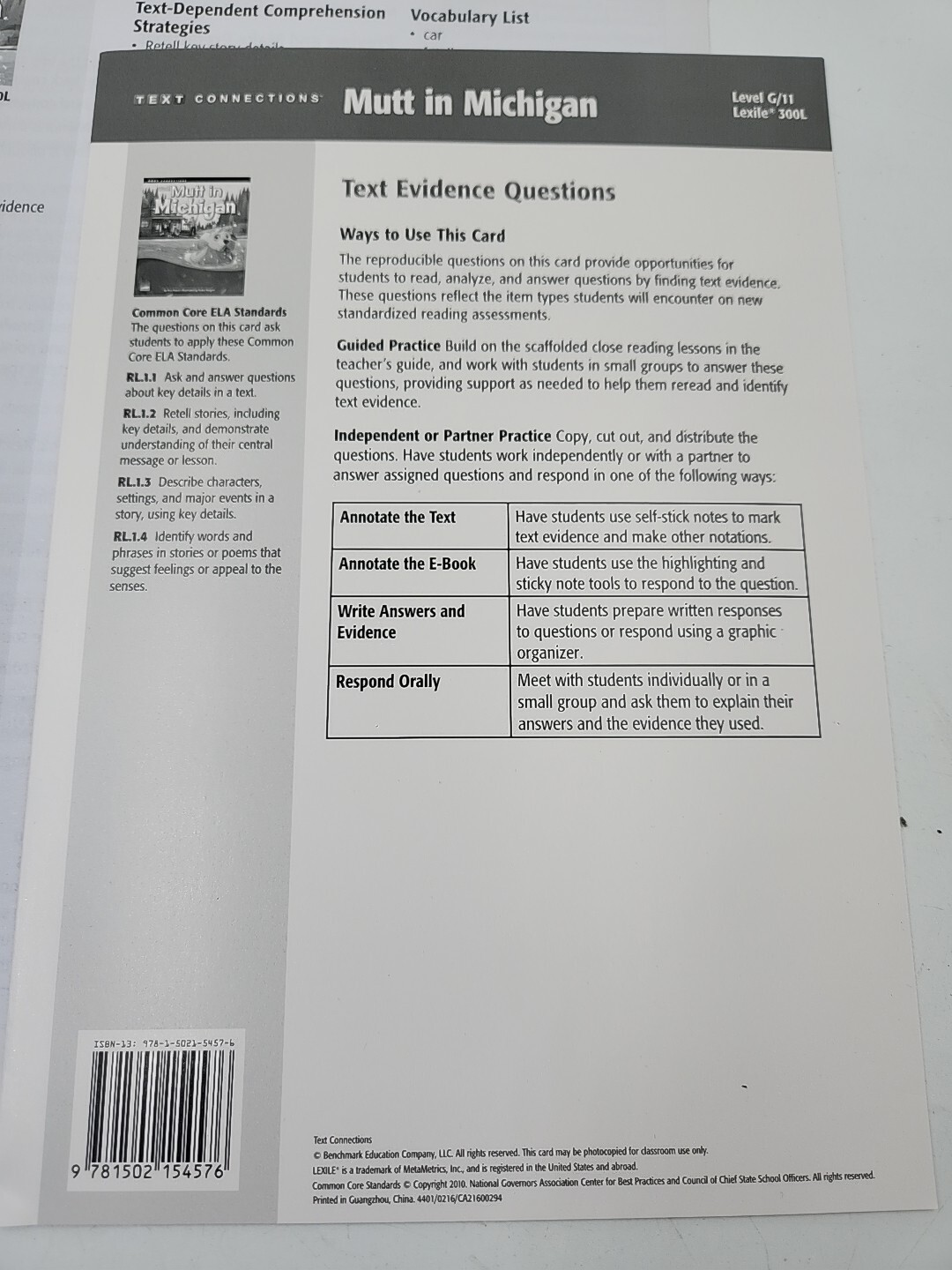 Benchmark Education Text Connections G/11 (6) “Mutt In Michigan” Homeschool