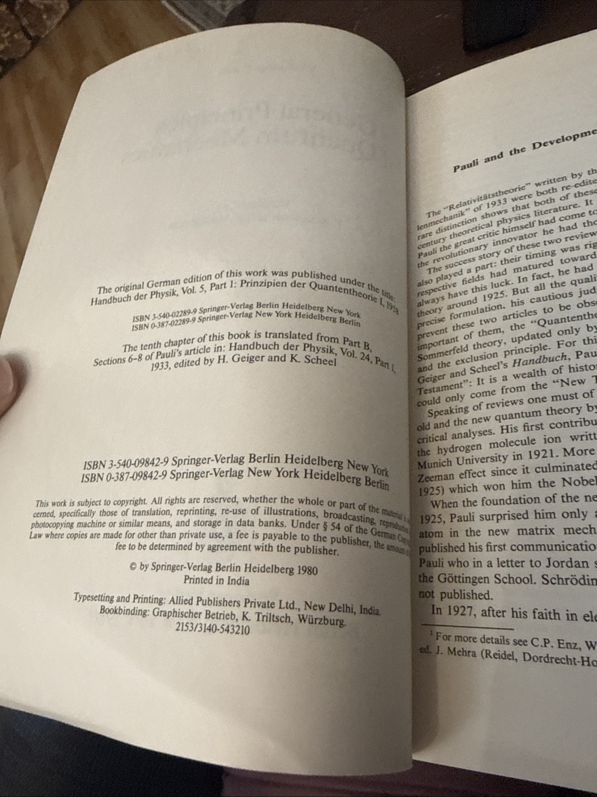 General Principles Of Quantum Mechanics Wolfgang Pauli PB 1980