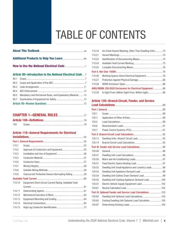 Mike Holt’s 2026 Understanding the NEC, Volume 1 Textbook Articles 90 – 480