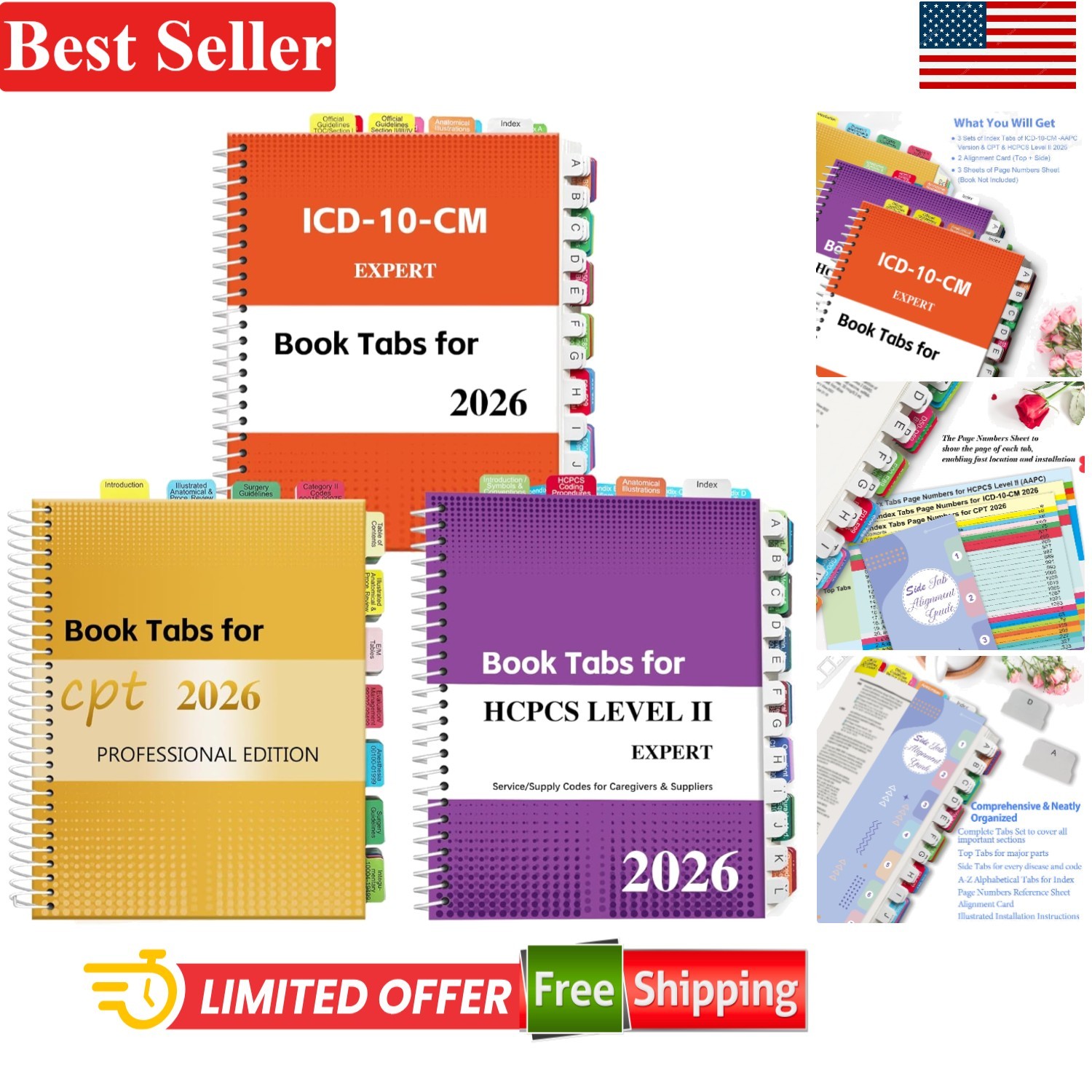 2026 CPT, ICD-10-CM & HCPCS Level II Tabs: Colorful Waterproof Organization