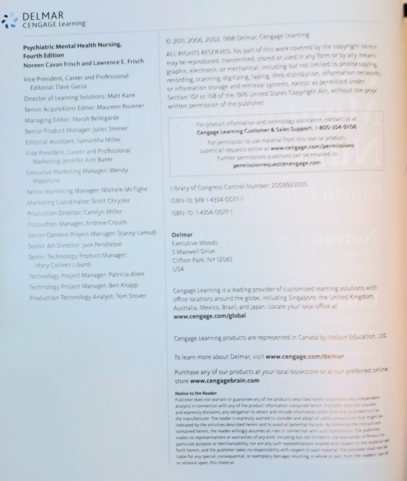 Psychiatric Mental Health Nursing 4th Ed Frisch Delmar Cengage Learning w/ CD