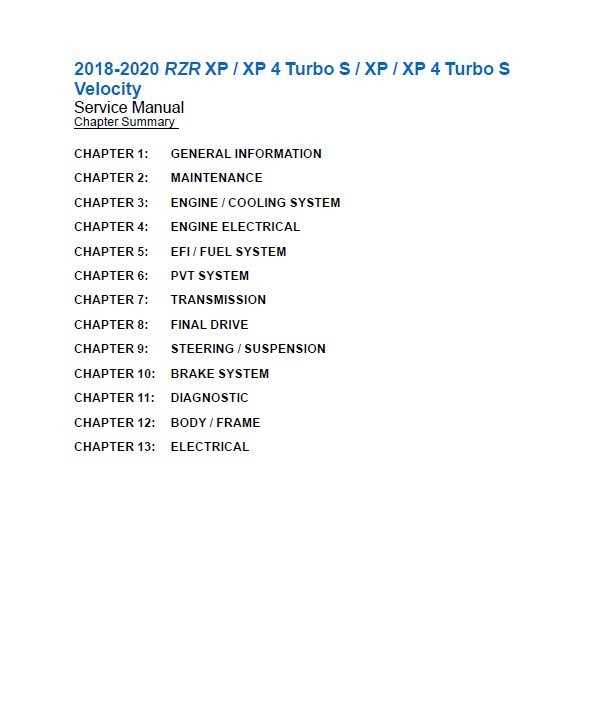 2018-2020 Polaris RZR XP Turbo / XP Turbo S Service Manual: w/ Protective Covers