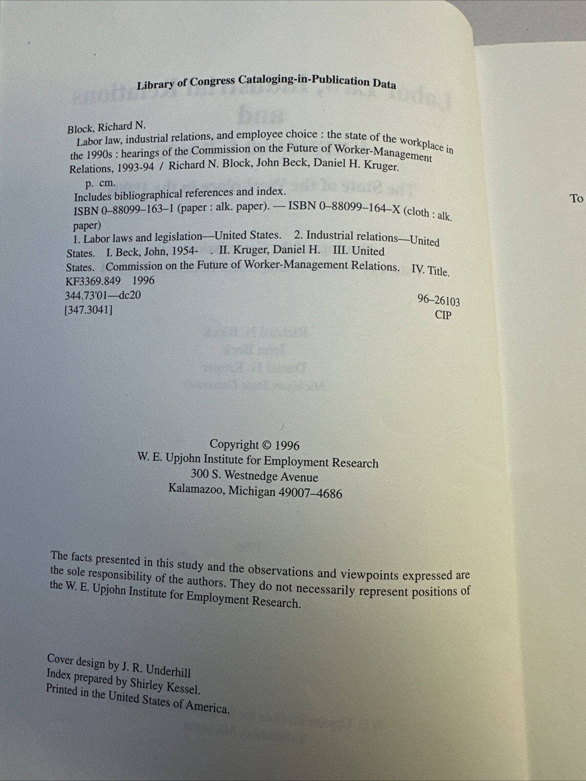 Labor Law, Industrial Relations and Employee Choice by Block & Beck