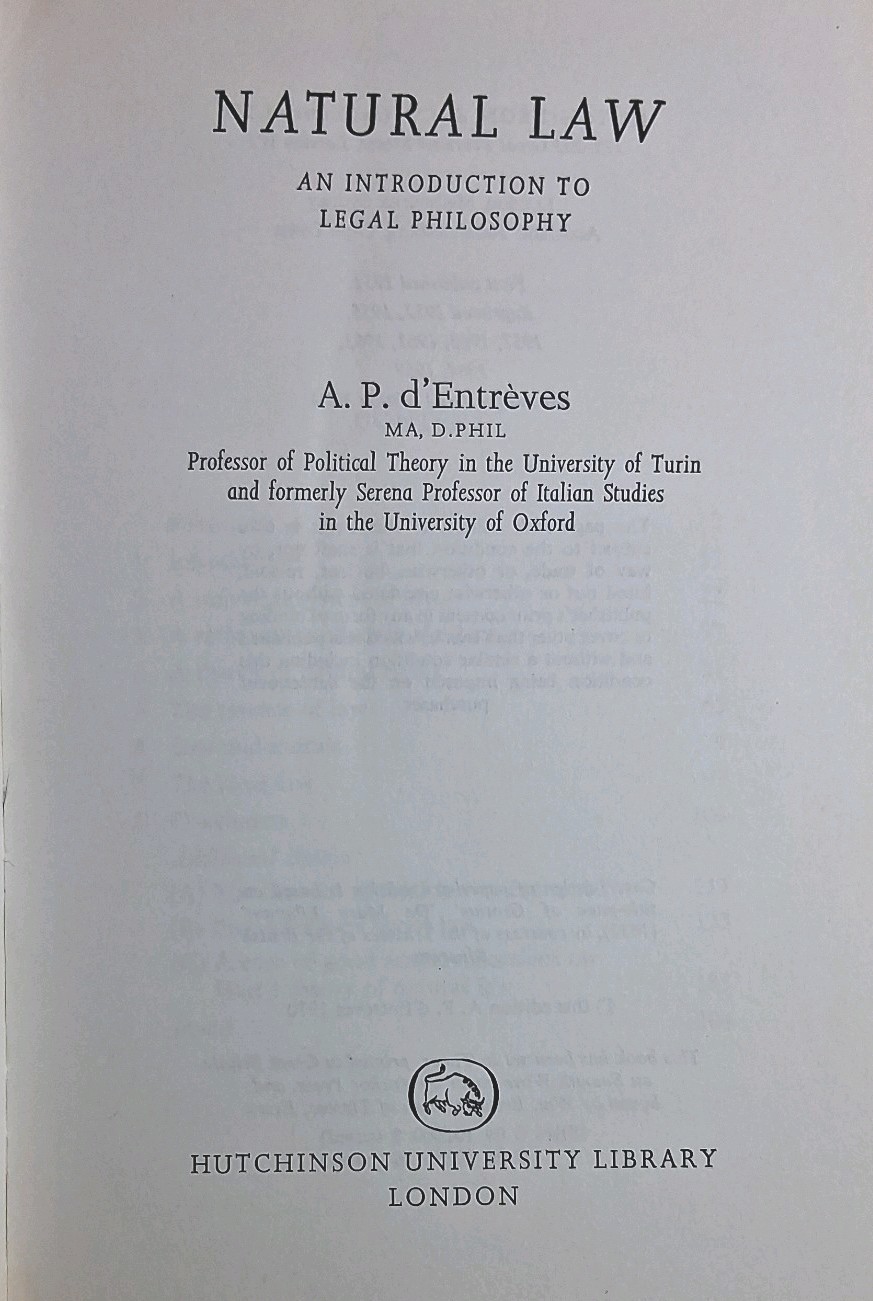 Natural Law A.P. d’Entrèves Paperback 1970 2nd Revised Edition Philosophy