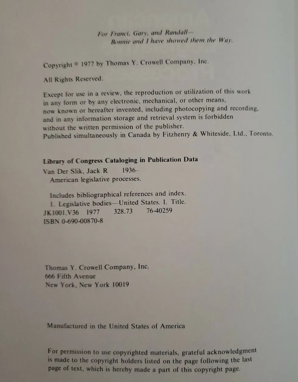 American Legislative Processes – Jack R. Van Der Slik – Excellent Condition