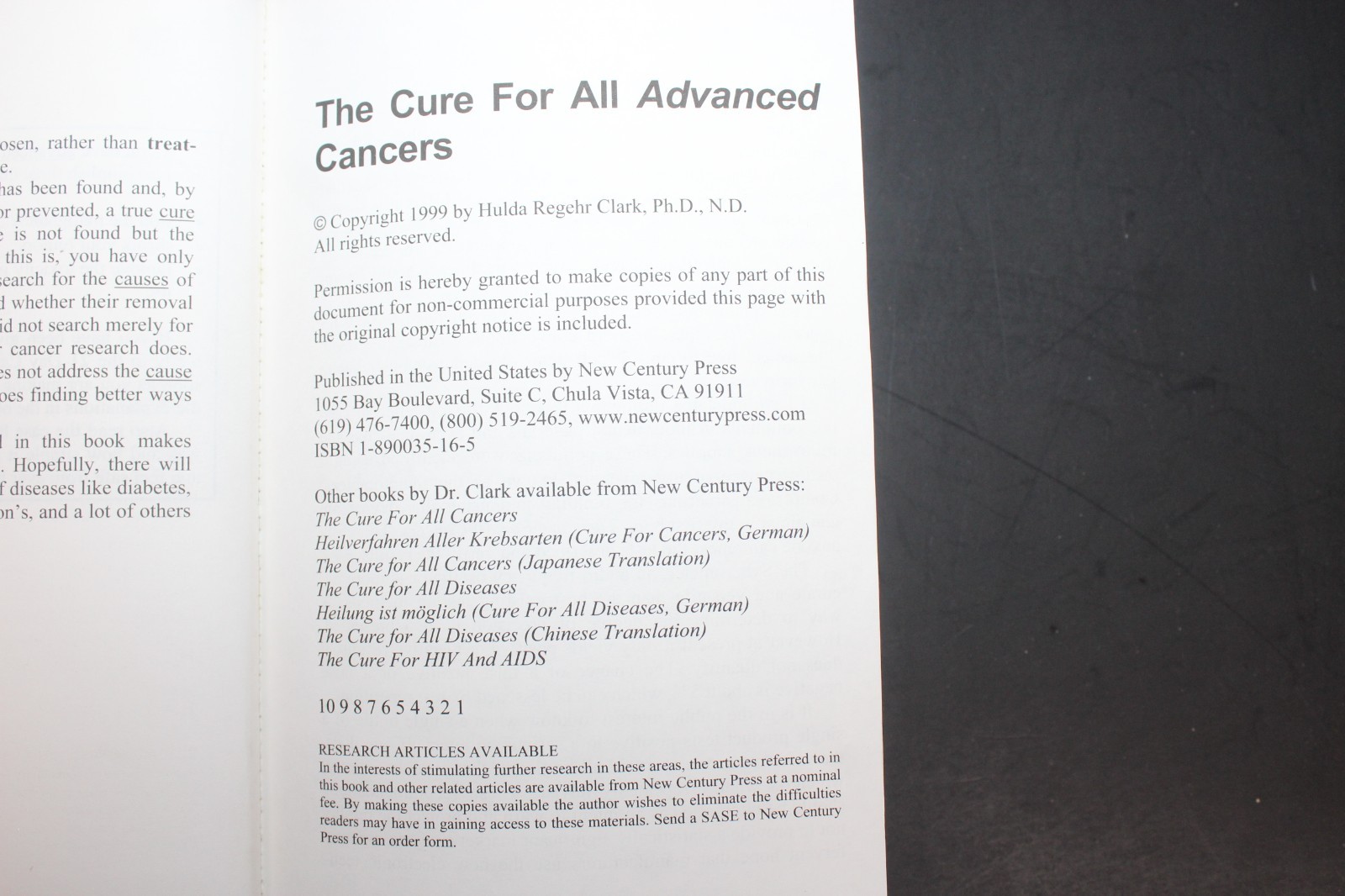 Cure for All Advanced Cancers by Hulda Regehr Clark 1999, Trade PB (FT1973)