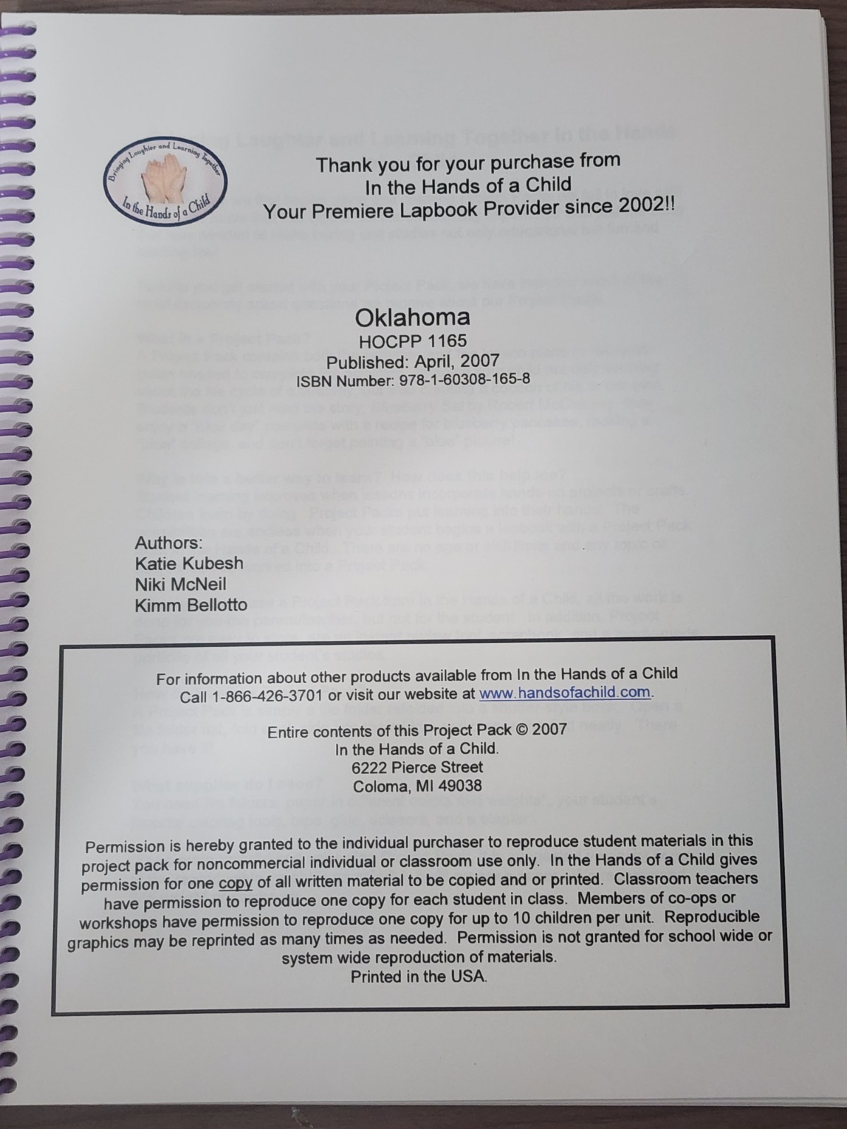 🕮 A7~In The Hands of a Child PROJECT PACK OKLAHOMA Grades 4-12