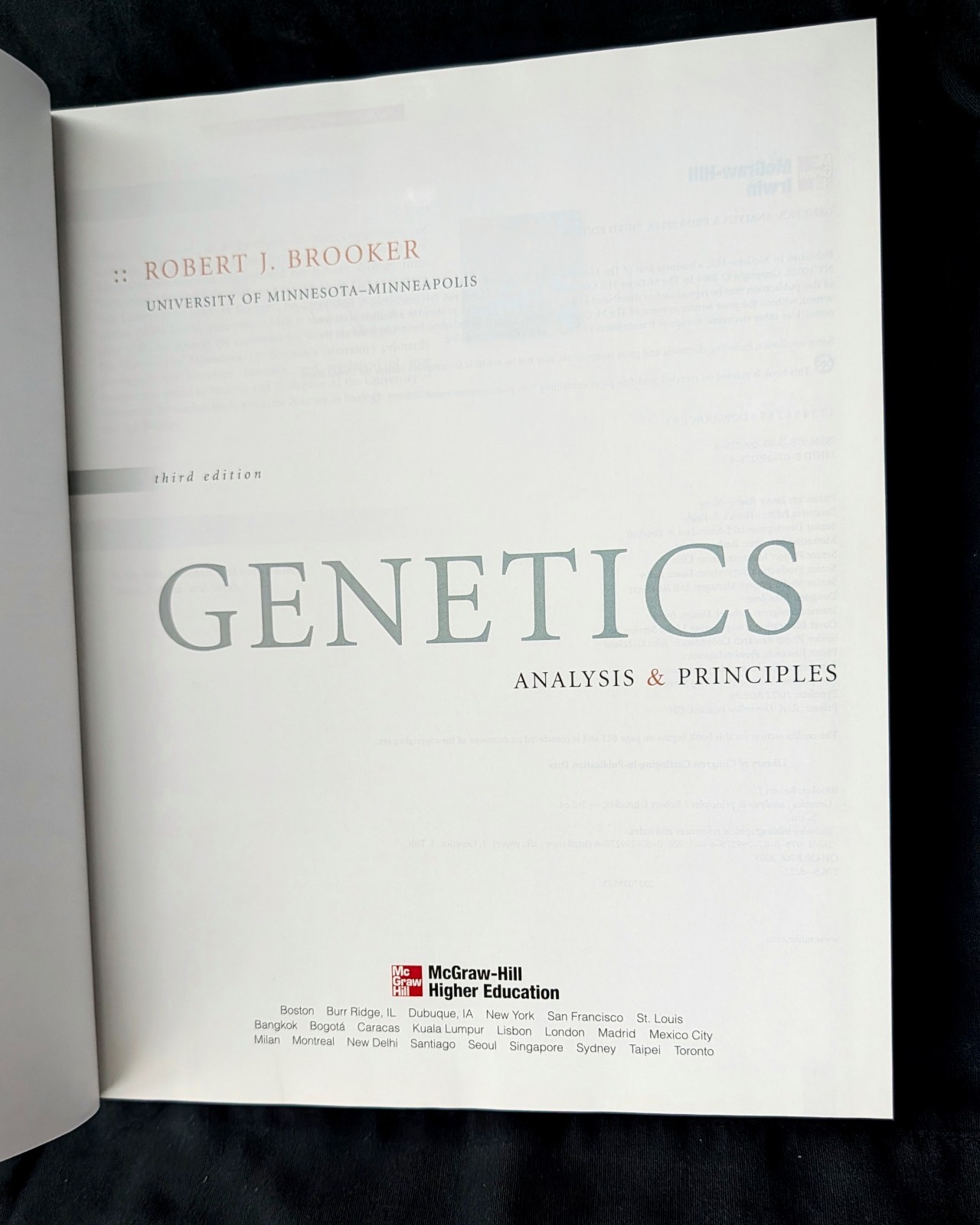 McGraw-Hill Genetics: Analysis & Principles 3rd Ed HC 2008 Robert J. Brooker