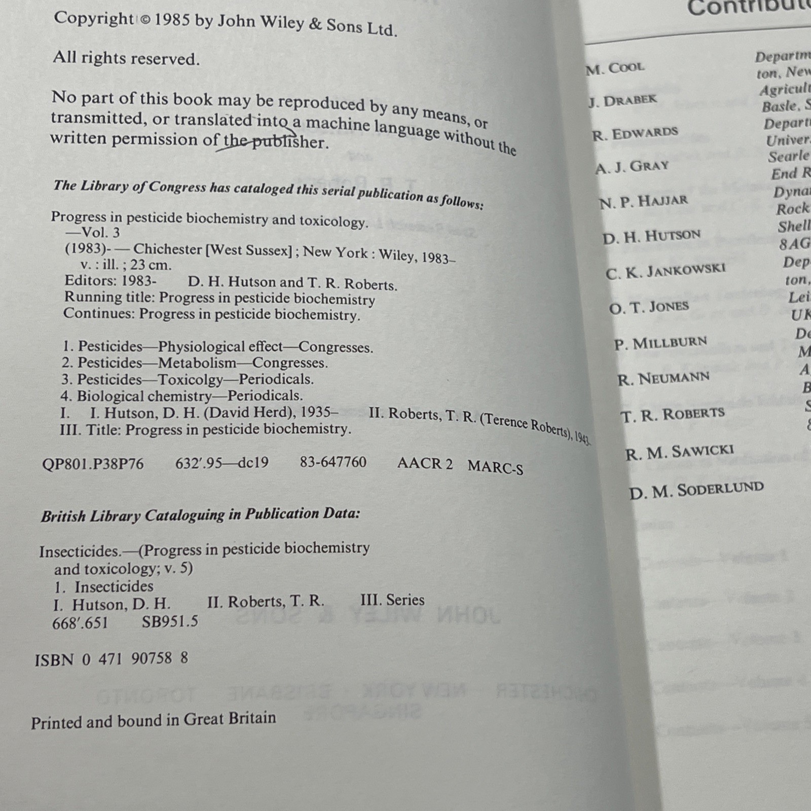 Inspecticides Volume 5 Progress in Pecticide Biochemistry & Toxicology Hutson
