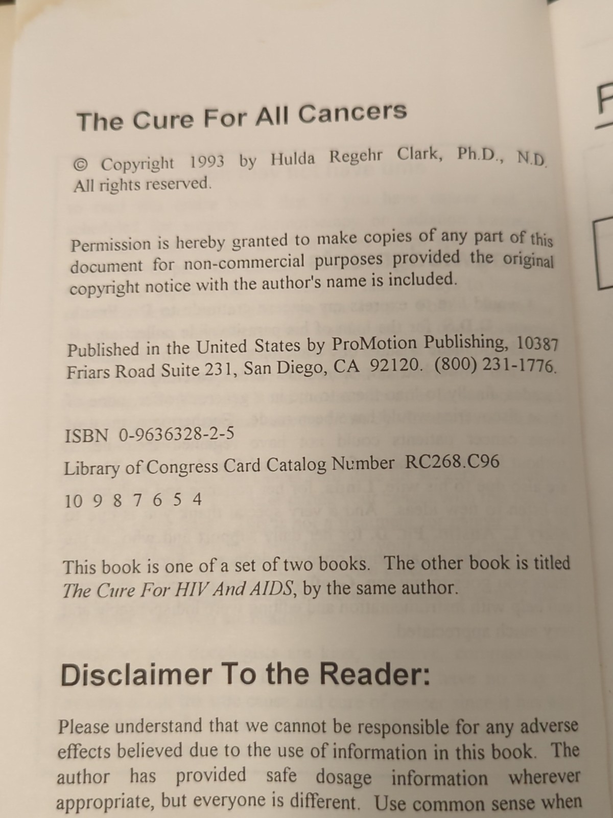 THE CURE FOR ALL CANCERS Hulda Regehr Clark, 1993 Softcover
