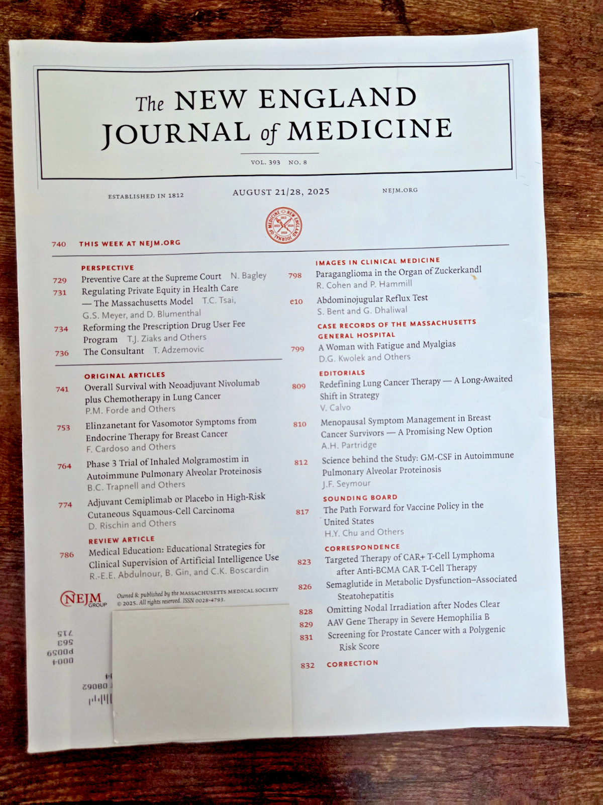 2025 New England Journal of Medicine NEJM Issues (Vol 392 / 393) *YOU PICK*